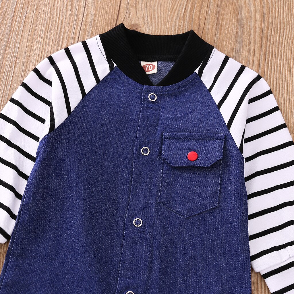 Infantile bébé fille garçon combinaison ample bébé bleu foncé rayure Patchwork manches longues col rond une-pièce barboteuse garçons 0-12 mois