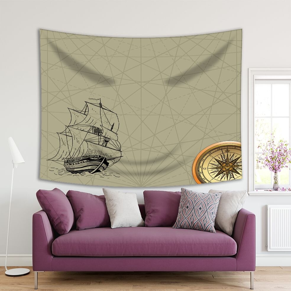 Tapestry Zeilschip In Oceaan En Vintage Kompas Op Geometrische Achtergrond Historische Traspotation Geel Beige