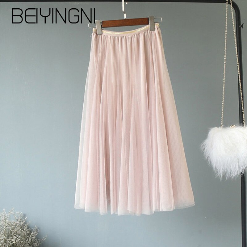 Beiyingni tyllkjolar dam mesh elastisk midja 4 färger tutu kjol söt kpop brudtärnor veckade kjolar falda saia midi: Aprikos