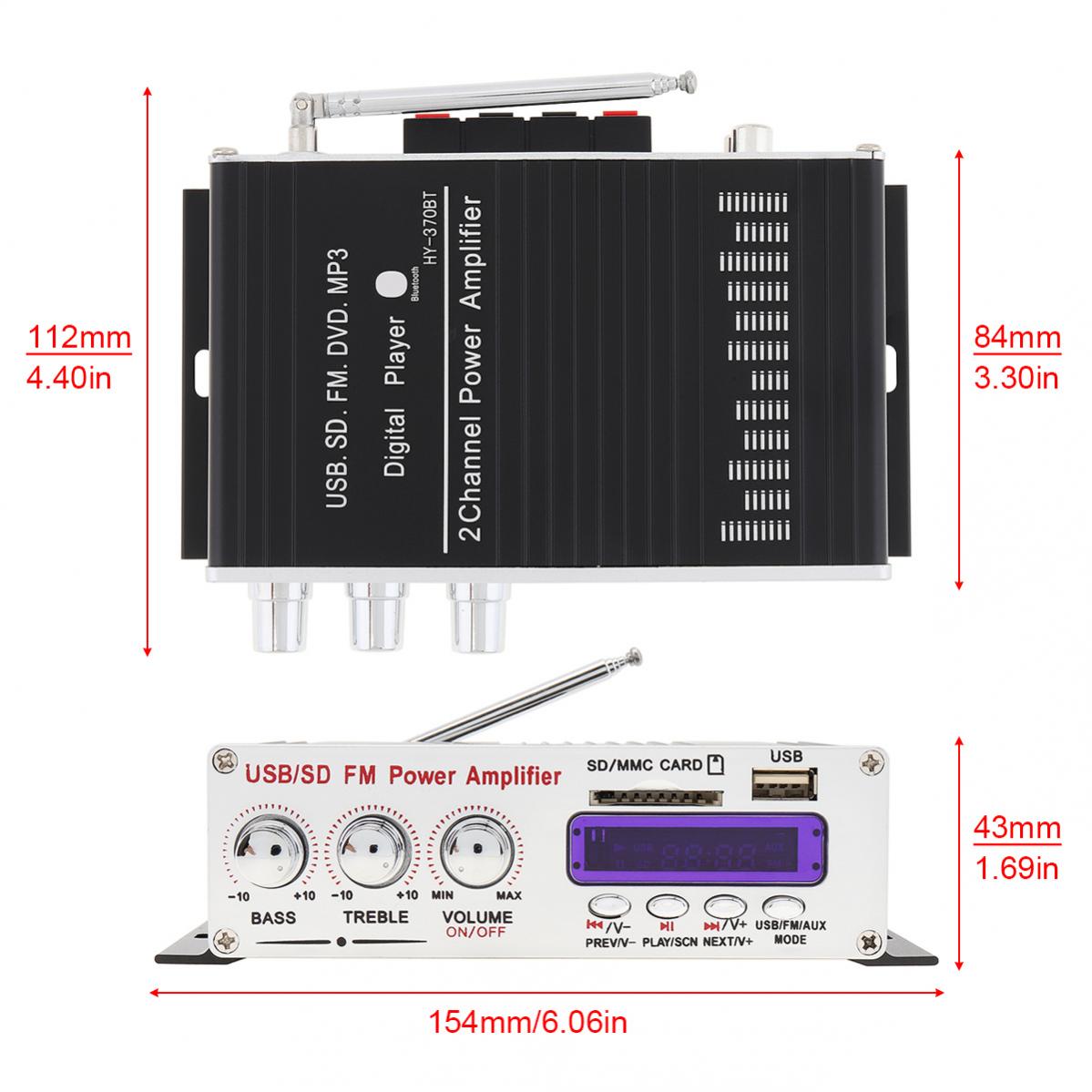 370BT HIFI Car Audio Amplifier Bluetooth Remote Control 2 Channel Sound High Power Amplifier SD USB MP3 FM Radio Digital Player