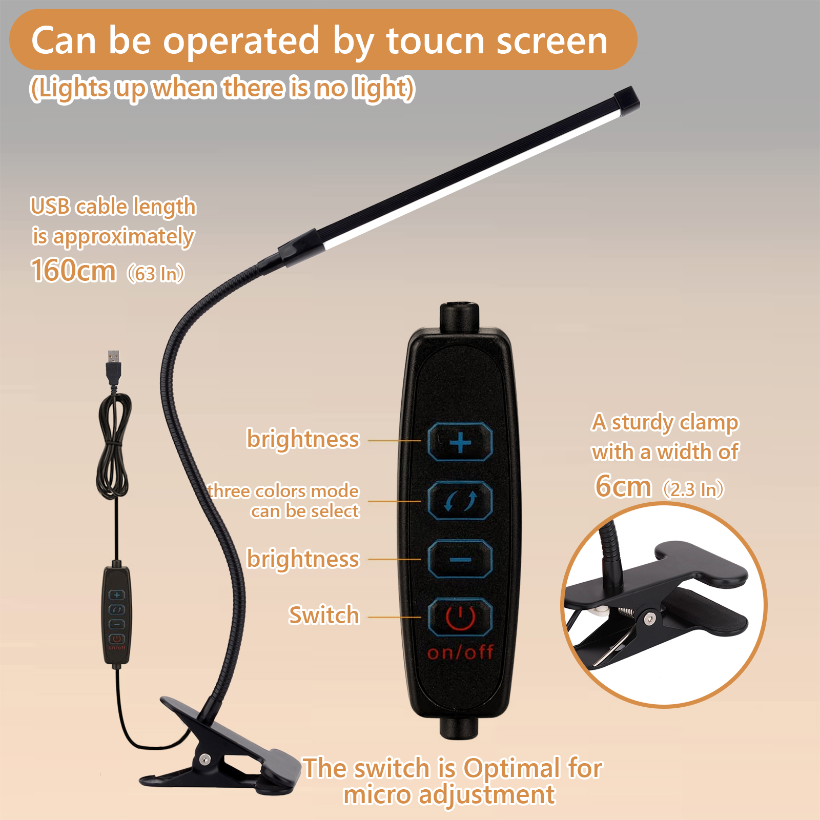 B LED-Schreibtischlampe mit Klemme, augenschonende Clip-an-Leuchten für das Heimbüro, 3 Modi, 10 Helligkeiten, langer, flexibler Schwanenhals, Metall