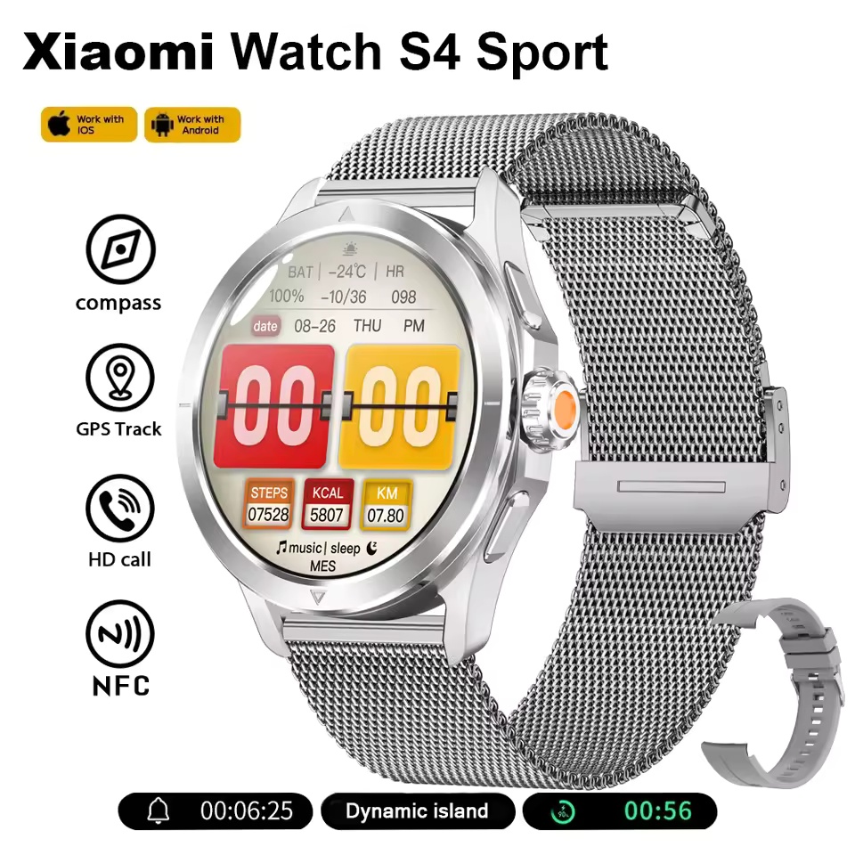 S4 ultra per Xiaomi Braccialetto Intelligente Orologio Da Uomo AMOLED Schermo HD Chiamata Bluetooth GPS Traiettoria NFC Frequenza Cardiaca Bussola SmartWatch: giallo