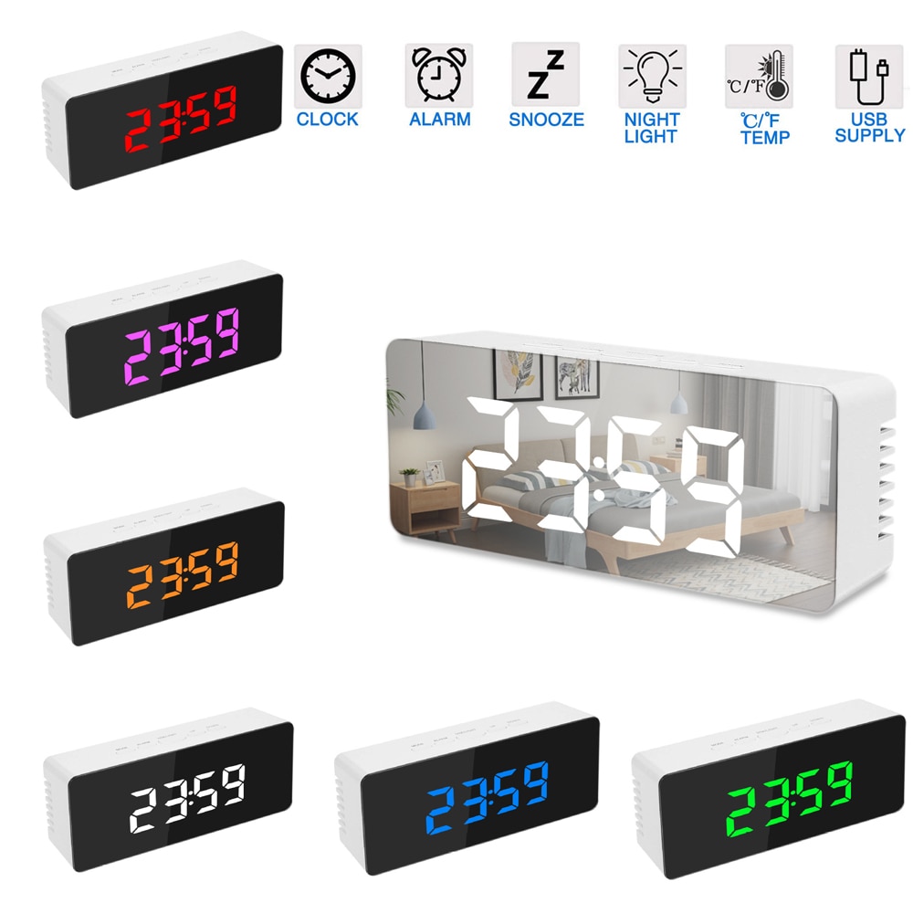 Led-spiegel digitale wekker snooze tafelklok weklamp elektronische temperatuur usb despertador woondecoratie