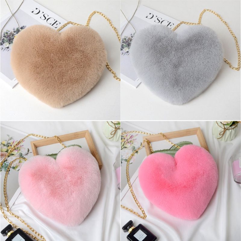 Super Cute Heart Hairy Mini Shoulder Bags Furry Plush Messenger Bags Small Purse Cross Body Handbag for Women Girls