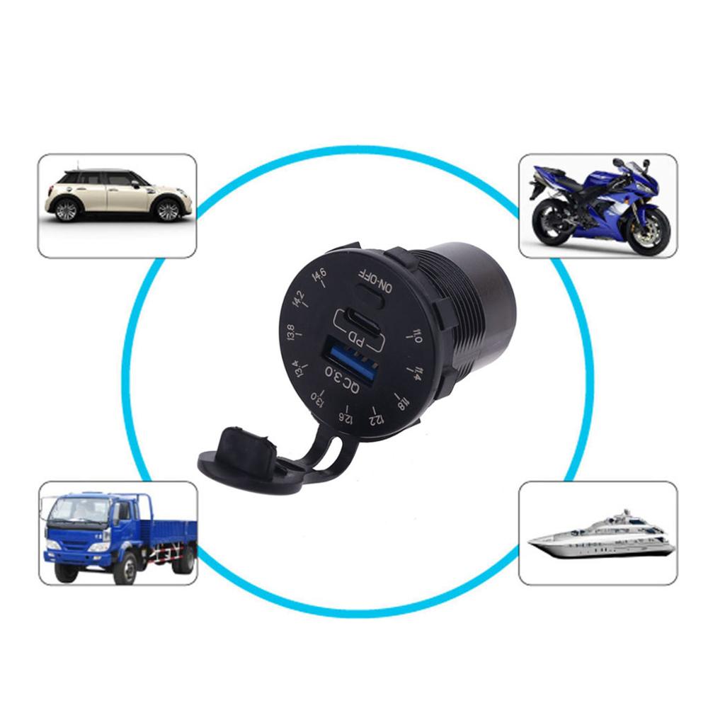 Wasserdichter kfz-ladeadapter mit 12v schnellladeanschlüssen ,  qc3.0 usb-anschlüssen und 18w typ-c-pd-anschlüssen, led-voltmeter und ein-/ausschalter für suv, motorrad, boot