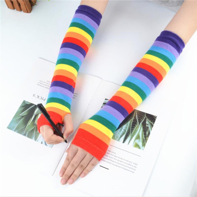 Regenbogen Farbe Lange Warme Handschuhe 40CM Japanischen Stil Neue Dünne Weibliche Arm Ärmel gestreift betroffen Sonnencreme Frühling Herbst Handschuhe