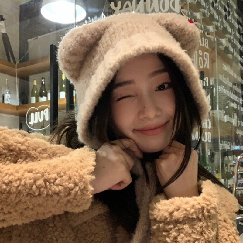 Japanse Kawaii Vrouwen Hoeden Schattige Beer Oren Pluche Mutsen Herfst En Winter Warm Gehoorbescherming Gebreide Touw Bommenwerper Hoed