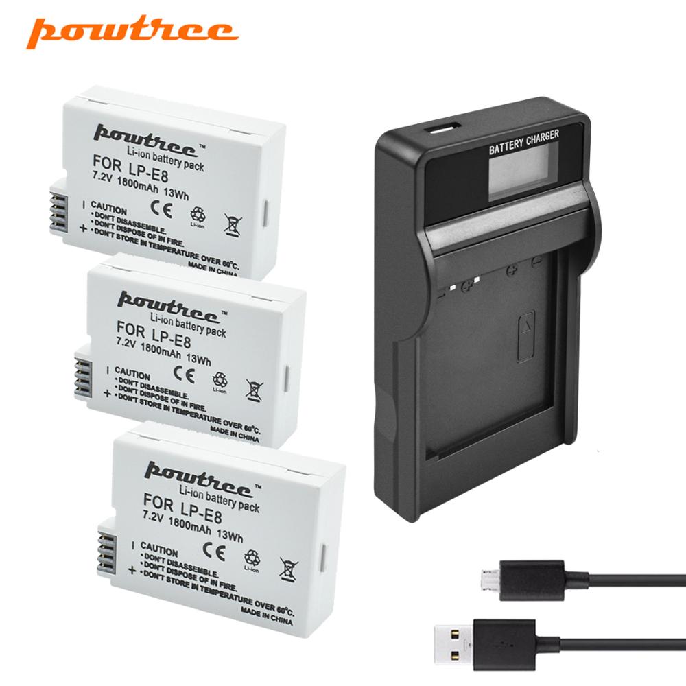 Powtree-batería para Canon LP-E8 LP E8 LPE8 DSLR, batería para cámara Digital + cargador de repuesto EOS 600D 650D 550D 700D T4i T5i Rebel: 3BATTERY LCD