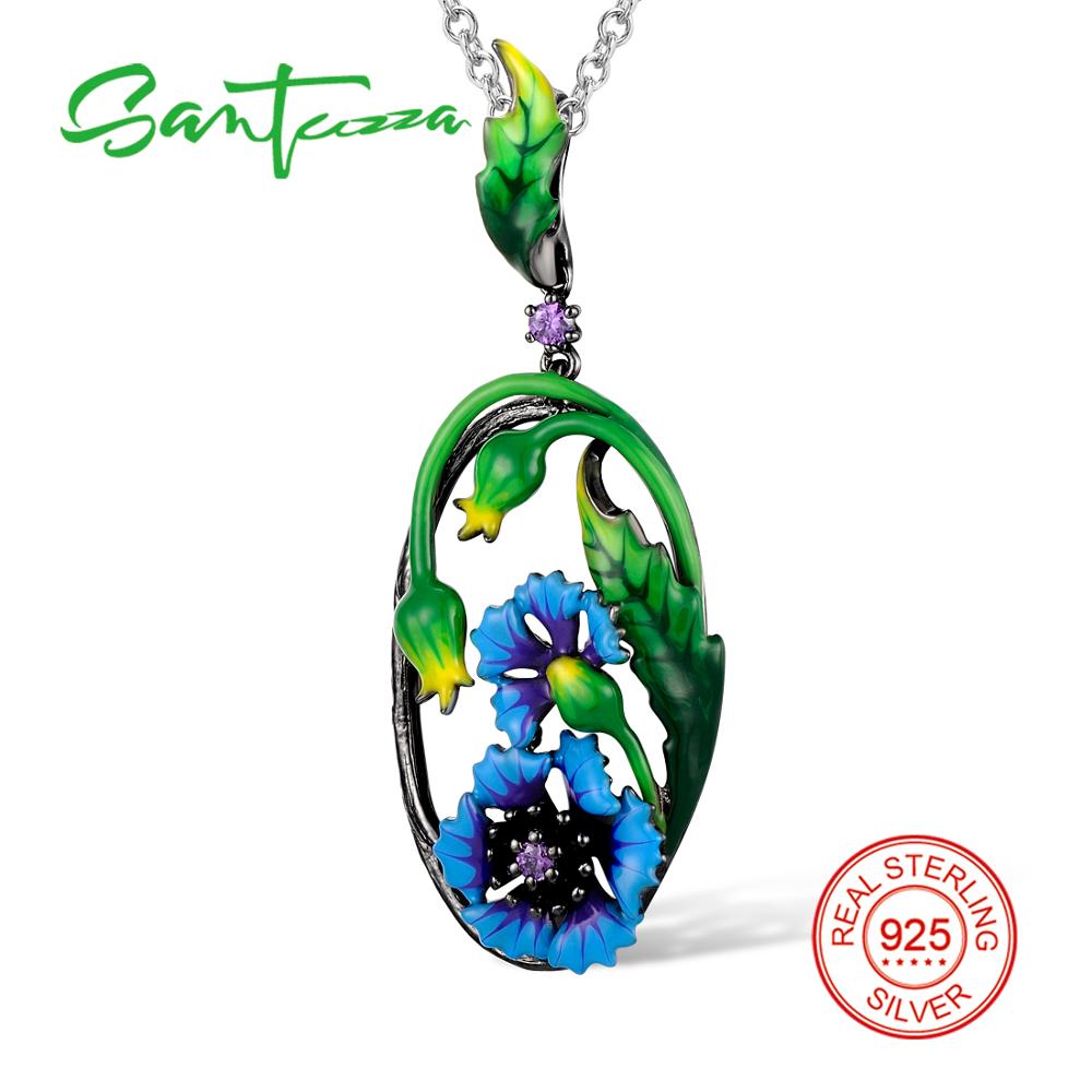 SANTUZZA Silver Necklaces Pendants For Women Blue Flower Pendant fit for Necklace 925 Sterling Silver Jewelry Enamel