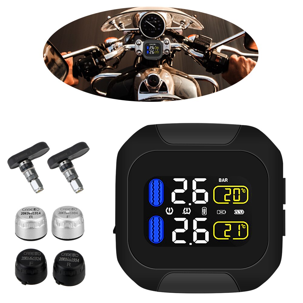 Motor Tire Pressure Monitoring System LCD Display Motorcycle TPMS Tyre Temperature Alarm 2 External Internal TH/WI Sensors