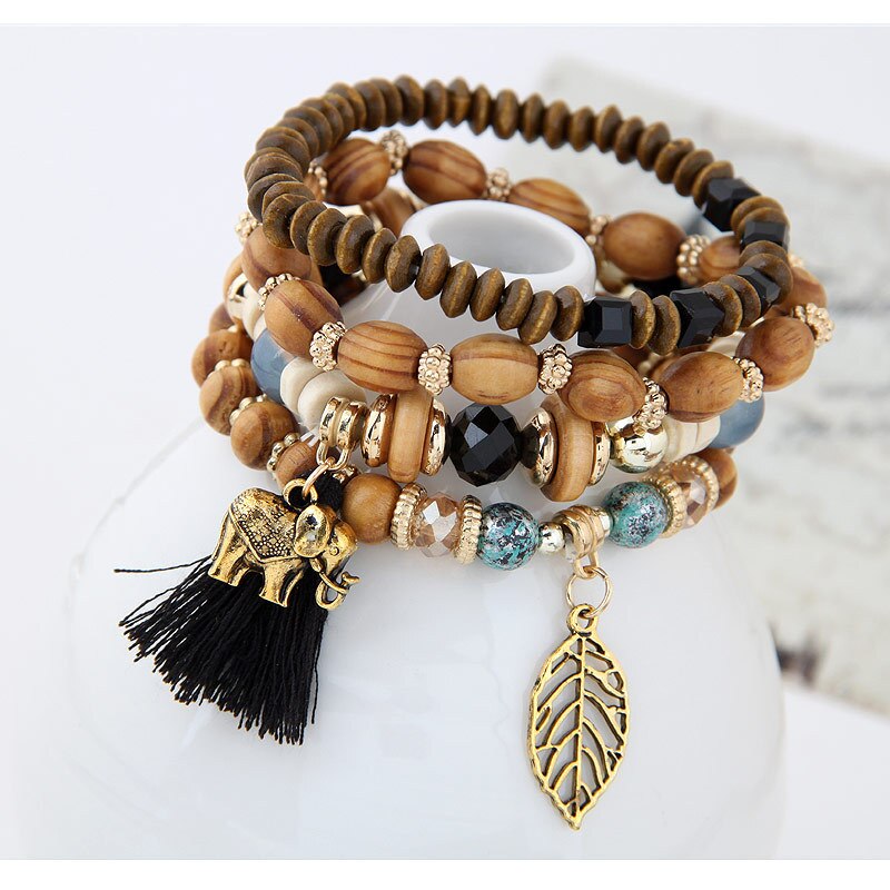 Europese en amerikaanse retro sieraden etnische log kralen kwast baby olifant blad stretch armband set vrouwelijke armband voor vrouwen: Zwart verzinkt