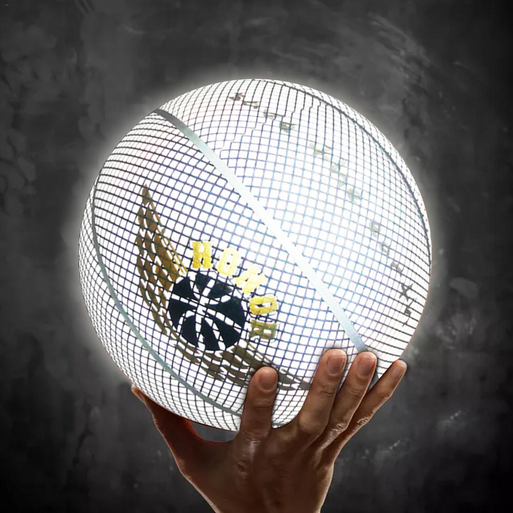 9. ° tamaño estándar luminoso, goma de calle, baloncesto, reflectante, goma de PU, luminiscencia, luz brillante