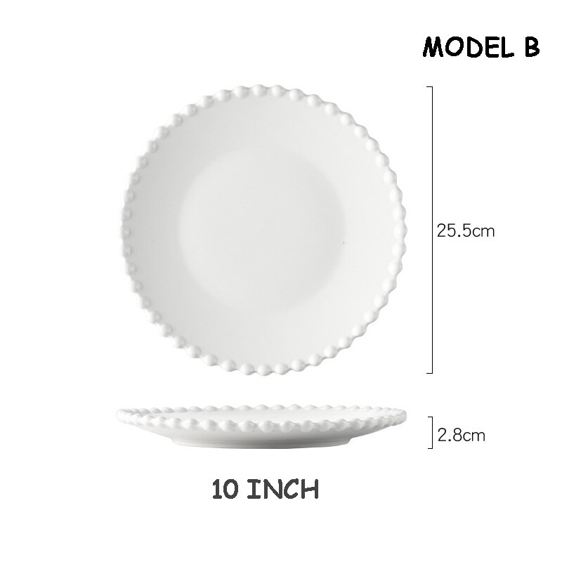 Nordic Pearl-Rim Plate Ceramics Dinnerware Set Steak Flat Tray Dessert Plate Salad Bowl Beaded Tableware Round Shape: B