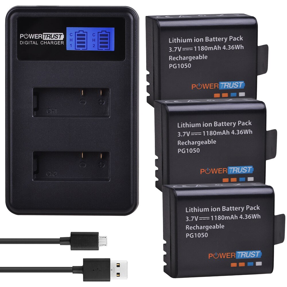 2x pg1050 1180 mah batterier + lcd Dobbel usb batterilader til sjcam  sj4000 m10 sj5000 sj5000x til eken  h9 h9r h8r h8 git  pg900: 3 batterier og lader