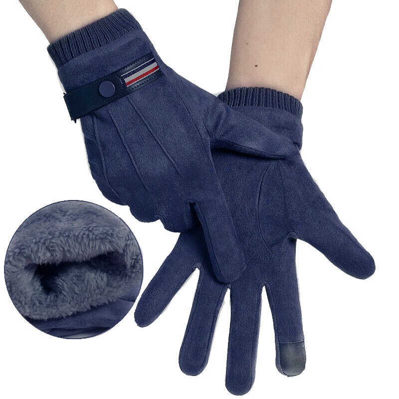 Men Winter Sport Riding Windproof Nonslip Touch Screen Warm Glove Suede Leather Plus Velvet Thick Full Finger Driving Mitten M94: Blue