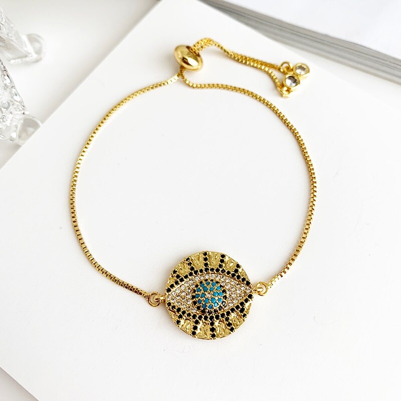 Gold Copper Inlaid Zircon Beaded Pin Letter Love Bracelet Bracelet Women CZ Rainbow Turkish Blue Eye Bracelet Girls: gold blue