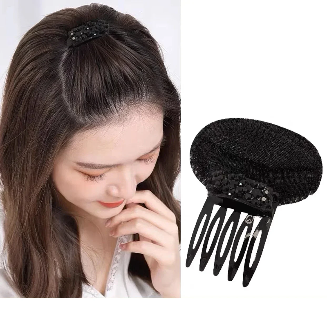Rhinestone Puff Hair Head Cushion Invisible Fluffy Hair Pad Sponge Clip Bun Bump Volume Hairs Base For Women Hair Accessory: GRAY