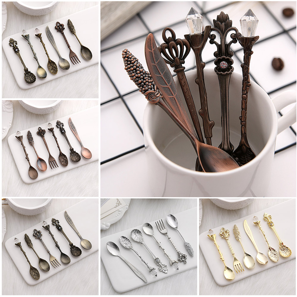6 stk royal stil vintage metal udskåret ske forskellige former zink legering kaffe dessert gaffel flatwares køkken spisebestik