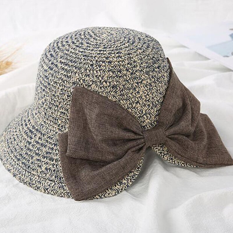 Children's Sun Hat Big Bow Wide Brim Floppy Summer Hats For Kids Beach Panama Straw Bucket Hat Sun Protection Visor Femme Cap: navy