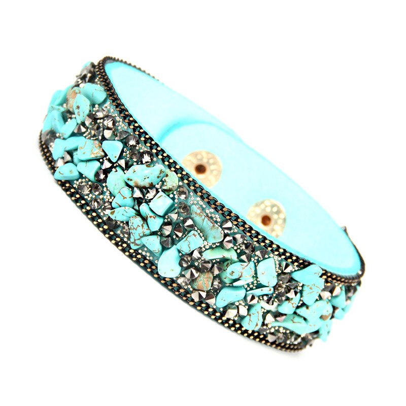 Pulsera de cuero con incrustaciones exageradas para mujer, brazalete con piedras naturales rotas de colores, joyería Unisex