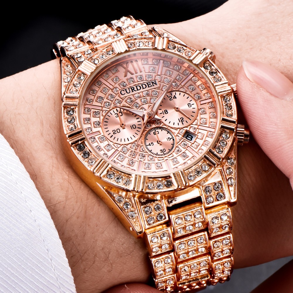 Hip Hop Watch Men Chronograph Diamond Iced Out Mens Watches Brand Luxury Gold Clock Quartz Male Wristwatch relogio