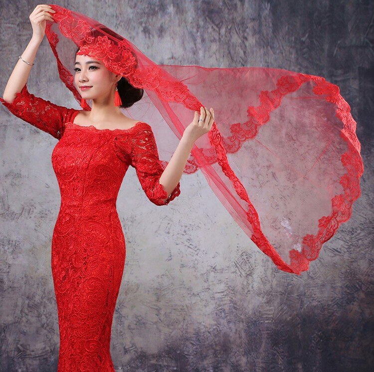 Popodion Wedding Veil Bride Veil Bride Married Lace Veil Wedding Accessories N1040: Red / 150cm