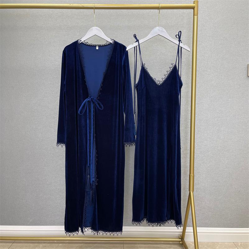 Conjunto de Bata larga de terciopelo para mujer, ropa de dormir suelta, Kimono, bata de baño con cinturón Sexy, lencería íntima para estar en casa, 2 piezas: navy blue / M