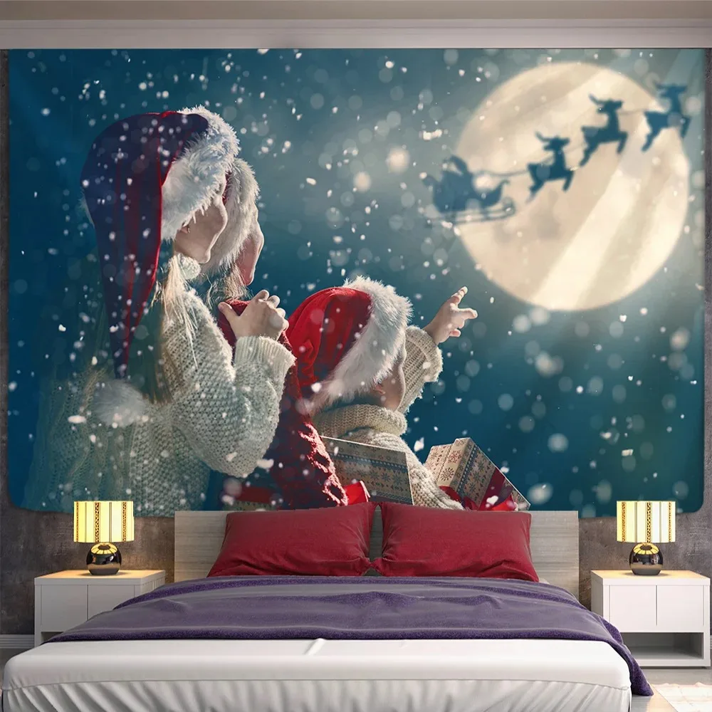 Tapisserie Scène Neige Noël - Polyester 100% Décoration Murale Chambre Salon: 200x170cm / Gris violet