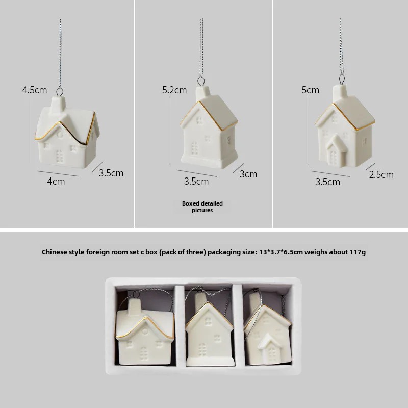 Keramisk julepyntsett med 3 glødende snøhuspynt små scenedekorasjoner til hjemmekontor: Grønn
