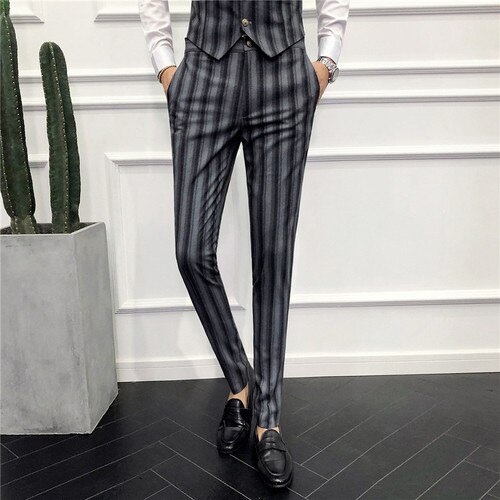Heren gestreepte broek, zwart, grijs, slim fit jeugd heren pantalon maat 28-36 zakelijke vrijetijdsbroek heren: Grijs / 28