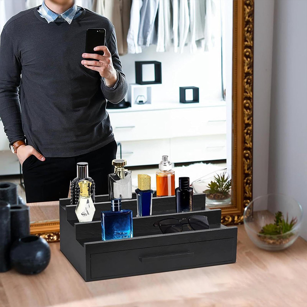 Perfume Holder Organizer Fragrance Rack Three-Layers Perfume Holder Fragrance Display Black Perfume Organizer With Drawers