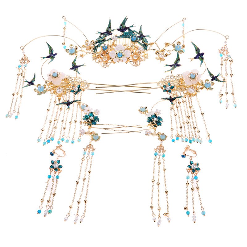 Sposa cinese accessori per capelli blu Costume copricapo Phoenix corona nappa orecchini gioielli Set gioielli per le donne