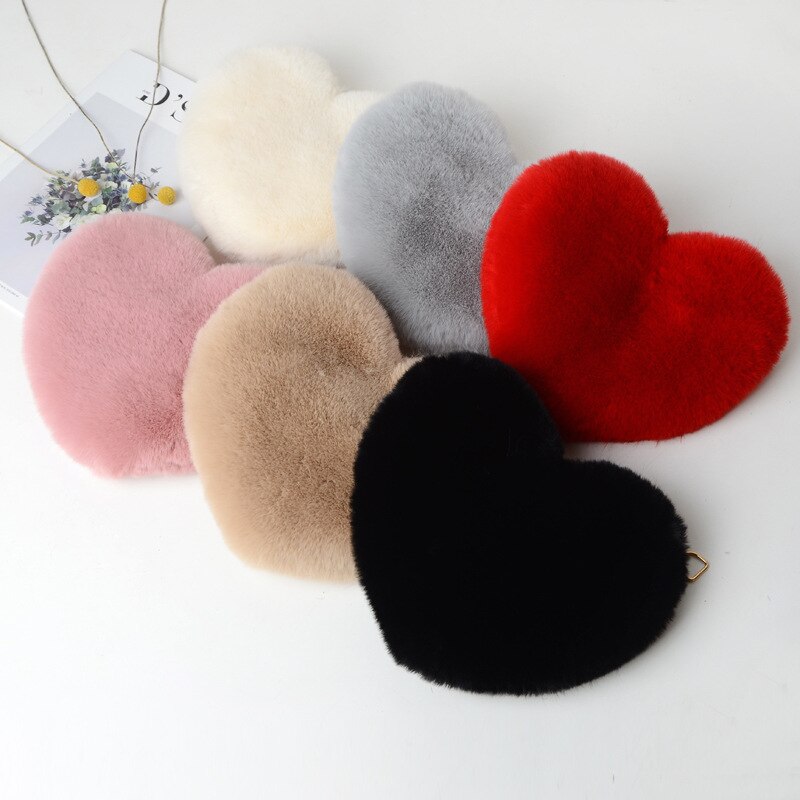 Women&#39;s Heart Shaped Handbags Cute Kawaii Faux Fur Crossbody Bags Wallet Purse Chain Shoulder Bag Lady Handbag