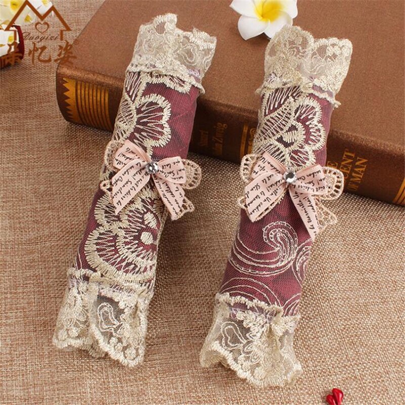 Cubierta de manija de encaje, cubierta de perilla de puerta, guantes de algodón para refrigerador, accesorios de herramientas para el hogar, cubierta de manija de puerta de nevera de doble puerta: Wine red short