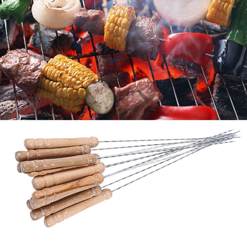 12 stk/sæt bbq grill kødspyd pinde træhåndtag værktøj nål bbq fårekød tilbehør tilbehør stål skæv  c1 v 3