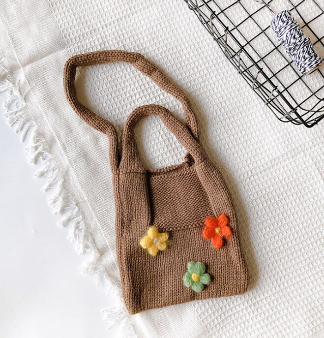 Sød blomst strik pige diagonal taske blomst strik tasker klud skuldertaske børn piger taske strik crossbody taske blomst vævet håndtaske