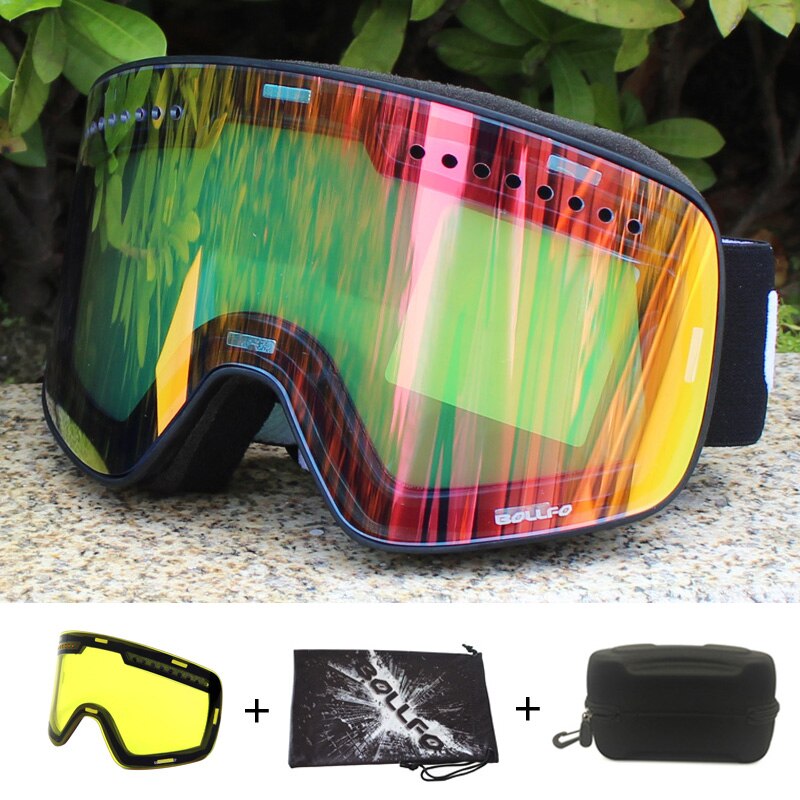 Magnetisk dobbeltlags linse skibriller masker antidugg  uv400 snowboardbriller skibriller briller for menn kvinner med etui: Sort rød 2 linse