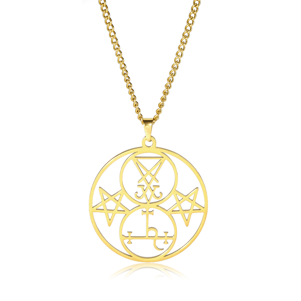 EUEAVAN Sigilo de Lucifer Lilith doble sello colgante collar Iglesia Satán demonio satánico acero inoxidable pentagrama amuleto joyería: Color amarillo dorado claro