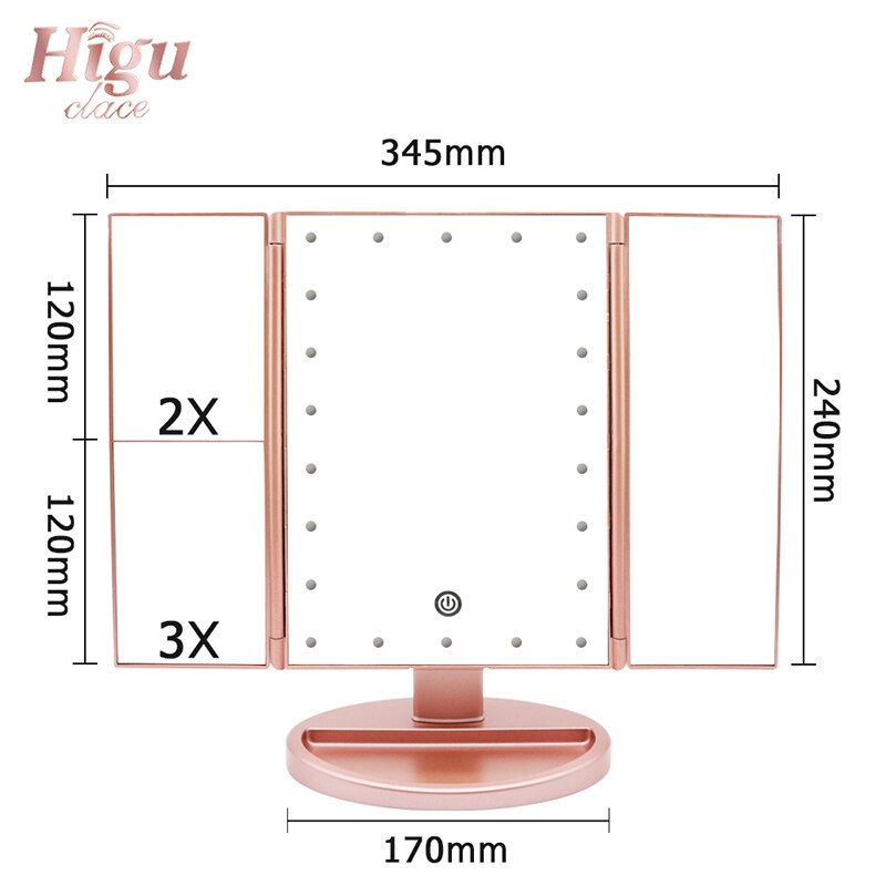Higu Tri-folded Table Makeup Mirror LED Light Touch Screen Fold Mirrors 180 Degree Adjustable Table Cosmetic Tool