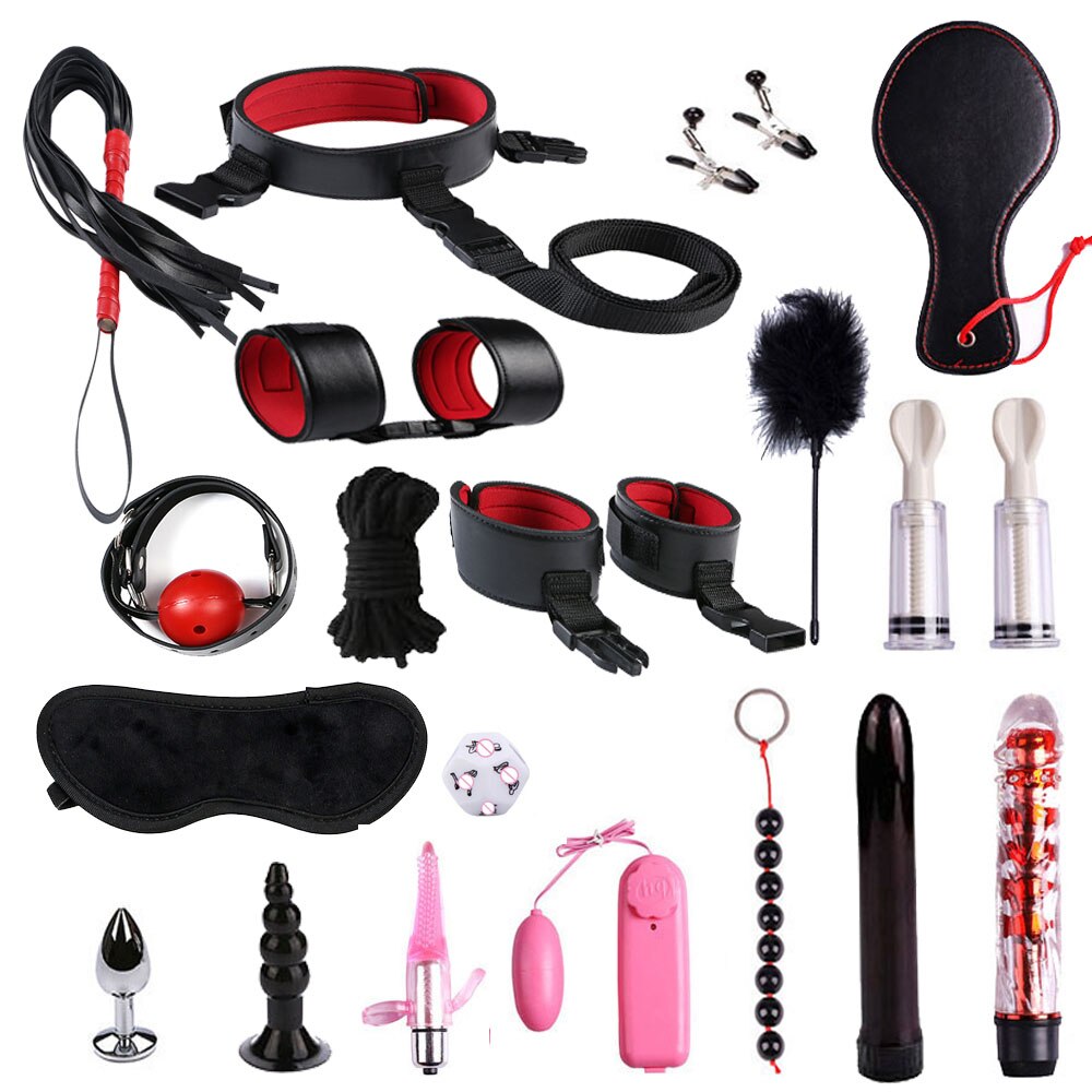 28 stks/set Vrouwen Mannen Speeltjes voor BDSM Spel Handboeien zweep touw Anale plug Mond plug Vibrator Erotische Accessoires Bondage set: red 20pcs