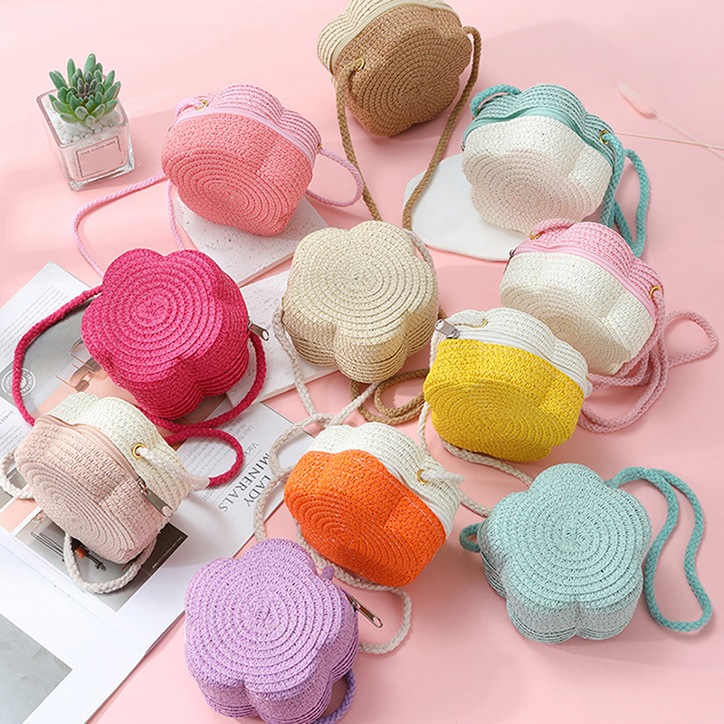 Handgemaakte kinderen meisjes schoudertas bloem stro babytassen messenger bag kinderen sleutels portemonnee schattige prinses mini handtas