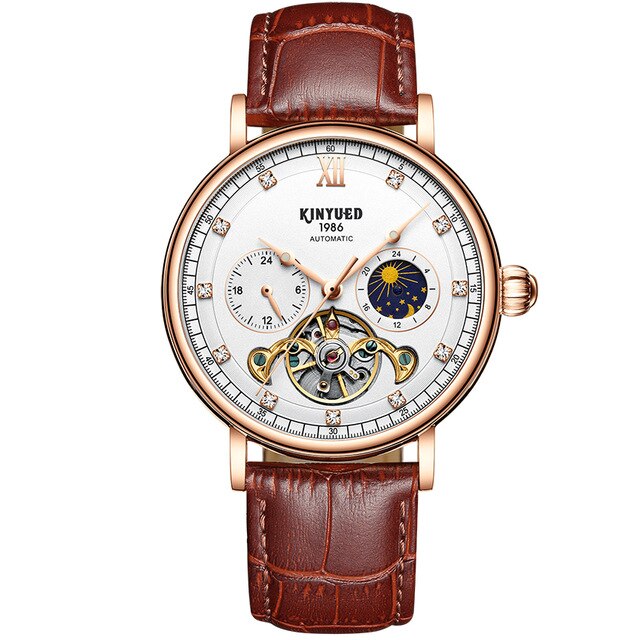KINYUED-reloj con movimiento mecánico para hombre, Tourbillon, automático, esqueleto hueco, de negocios, reloj luminoso resistente al agua, J053: White