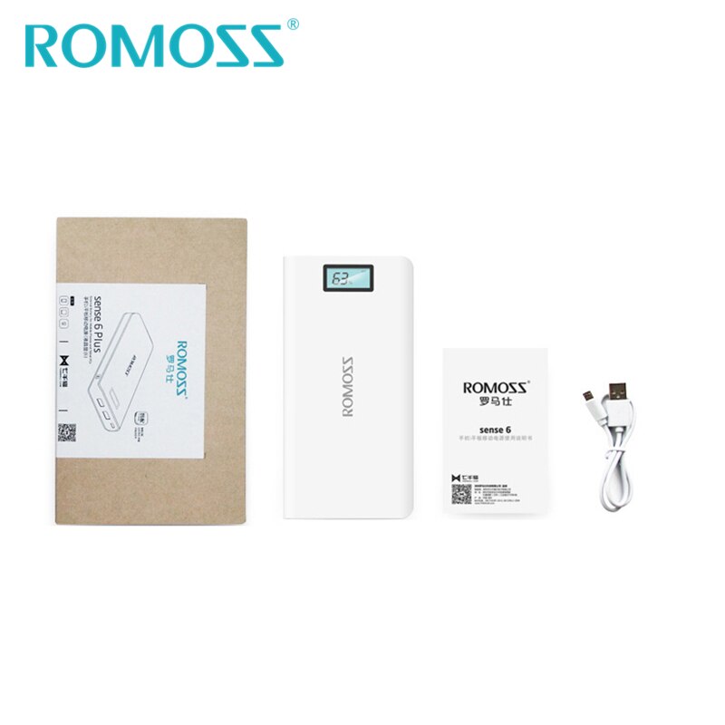 Romoss power bank 20000 mah sense 6 plus 18650 eksternt batteri backup power 2 usb output telefon oplader