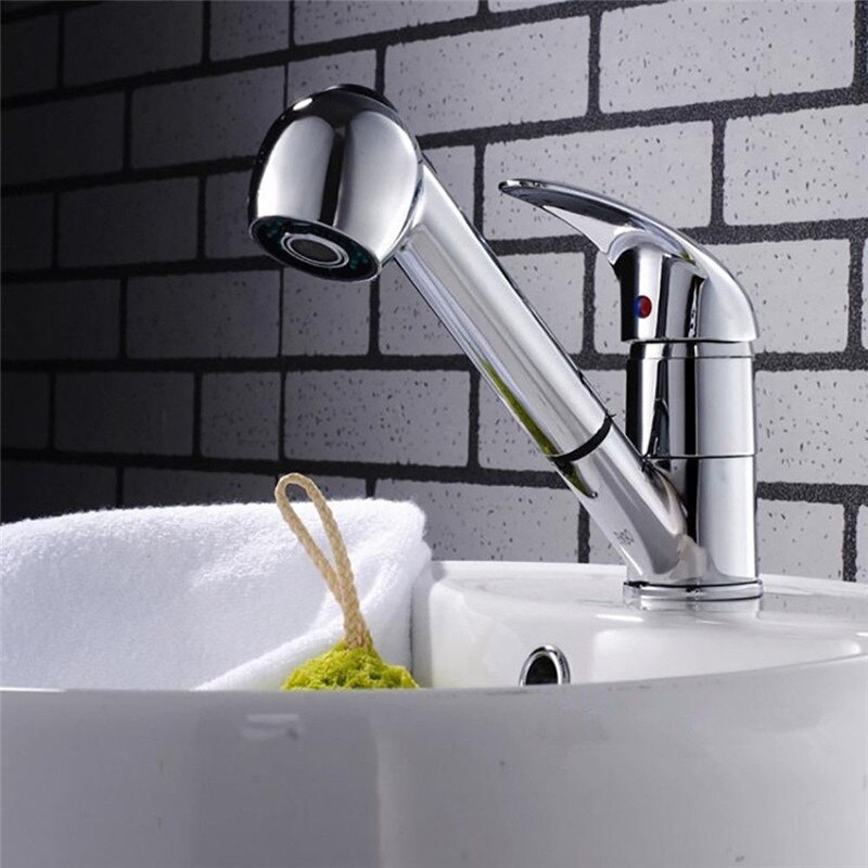 Bathroom Shower Head Kitchen Sink Chrome Single Handle Mixer Tap Swivel Pull Out Spray Faucet Spout Water Saving Nozzle Faucet