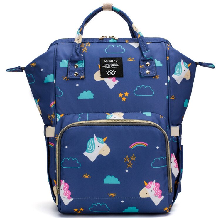 Eenhoorn Gedrukt Mama Rugzak Grote Capaciteit Anti Morsen Multi-Functionele Verpleging Reizen Mother 'S Tas: Rainbow Small White Horse  Blue
