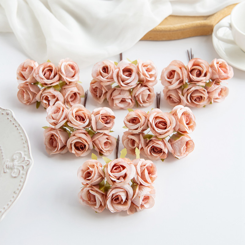 6 unidades de flores artificiales de seda rosa, , guirnaldas navideñas para el hogar, boda, ramo de novias, arco de jardín, decoración de pared, caja de de bricolaje: Beige