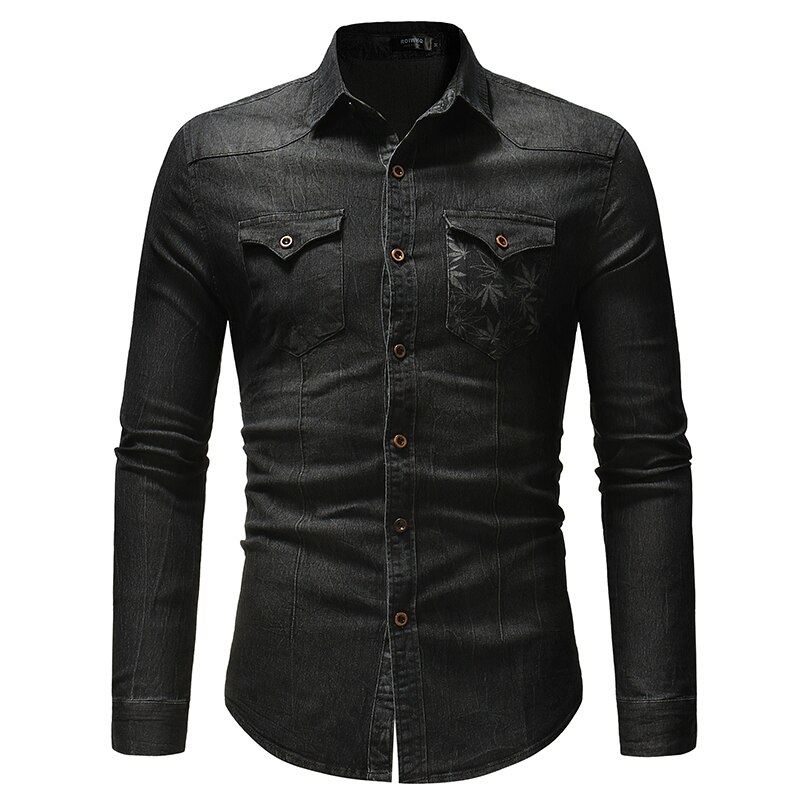 Cotton Slim Fit Denim Shirts Men outdoor Casual printing Long Sleeve tops Mens Jeans Shirt Autumn Shirt for Men