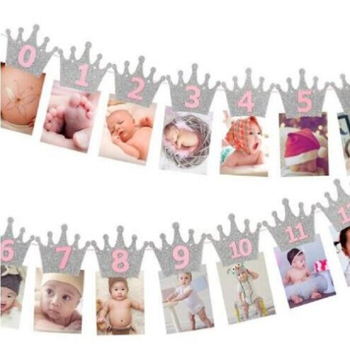 Gouden/zilveren kroon feestvlag 1e verjaardag wimpel bel slinger banner wimpel decoratie diy bedankje