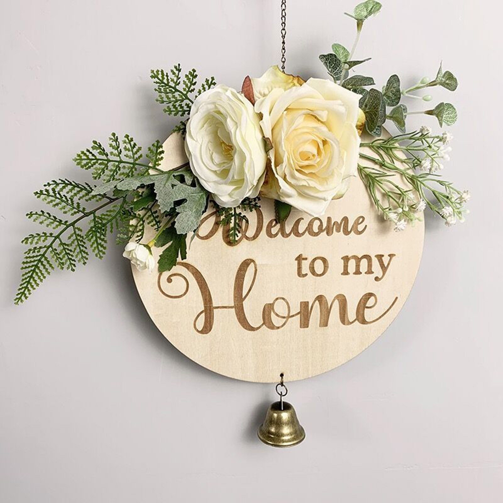 Signe de bienvenue pour porte de printemps en bois, Mini couronne de fleurs d'hortensia rose, décoration de maison, couronnes d'automne: I