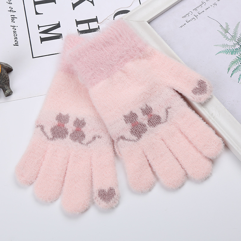 Wecute Child Gloves Junior High School Students Warm Gloves Outdoor Cycling Kawai Cat Plush Thickening for Boys Girls Best: Roze
